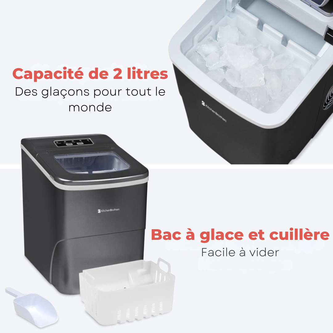 Machine à glaçons compacte et silencieuse KitchenBrothers - 2 litres - avec pelle à glace - Noire
