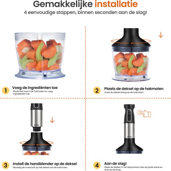 Goliving Hand Blender Set 5-in-1 - Hachoir - Tasse à mesurer - Fouet - 1000W - Accessoires lavables au lave-vaisselle - acier inoxydable - Noir