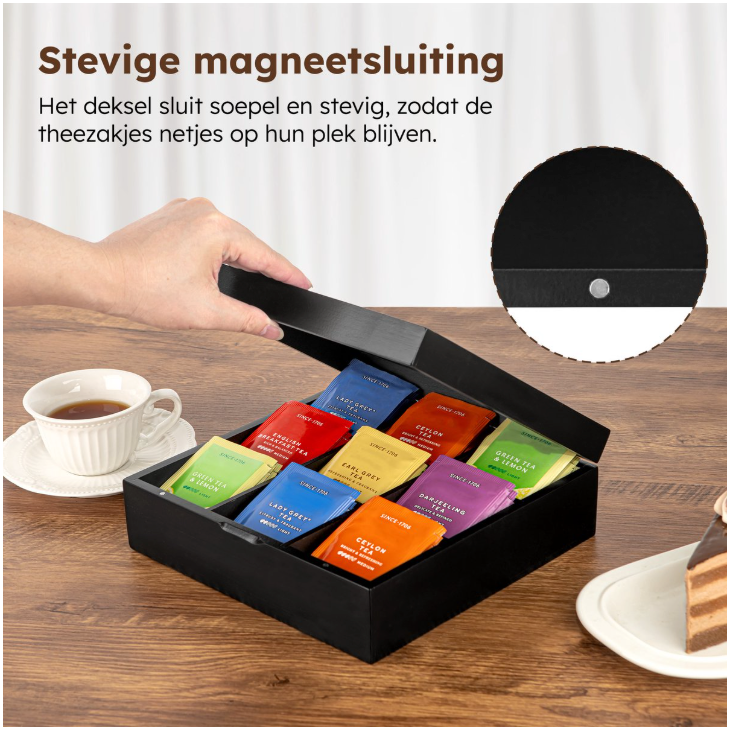 Nimma - Boîte à thé de luxe - 9 compartiments - Bambou noir - Avec fermeture magnétique et design compact - Organisateur de thé - Élégant et durable