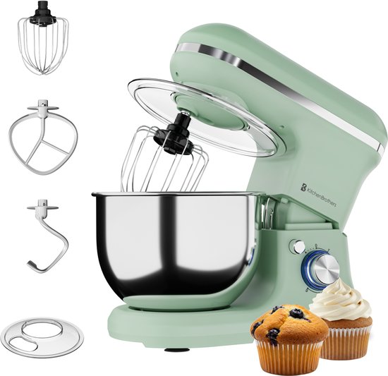 KitchenBrothers Robot de cuisine - 1200W - Robot de cuisine - 5L - Mélangeur à pain - Mélangeur avec bol - Mélangeur de cuisine - Vert pastel