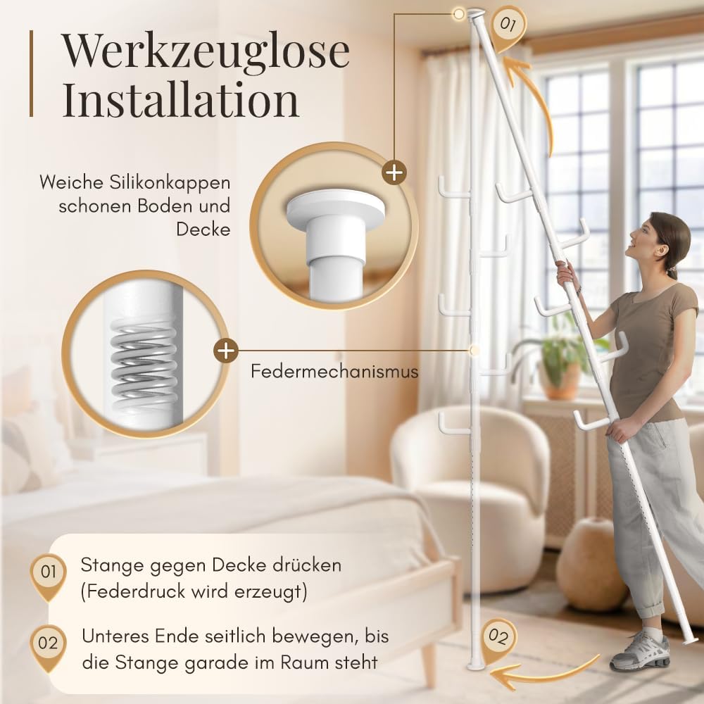 LOBUX® - Porte-manteau extensible, 5 crochets [blanc, 110-310cm] - porte-manteau télescopique stable - porte-manteau peu encombrant en métal - valet de chambre - porte-manteau de couloir - porte-manteau balcon