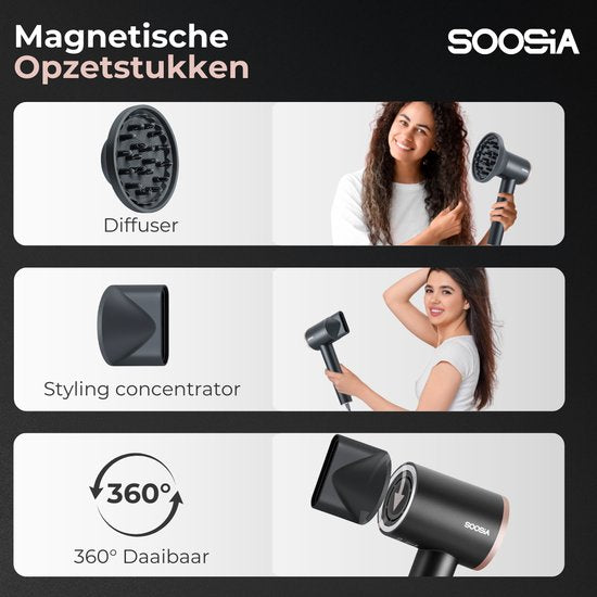 Soosia HighSpeed Ionic Hairdryer with Display - HeatProtect Autocare - Sèche-cheveux avec diffuseur - Coolshot - 110 000 RPM