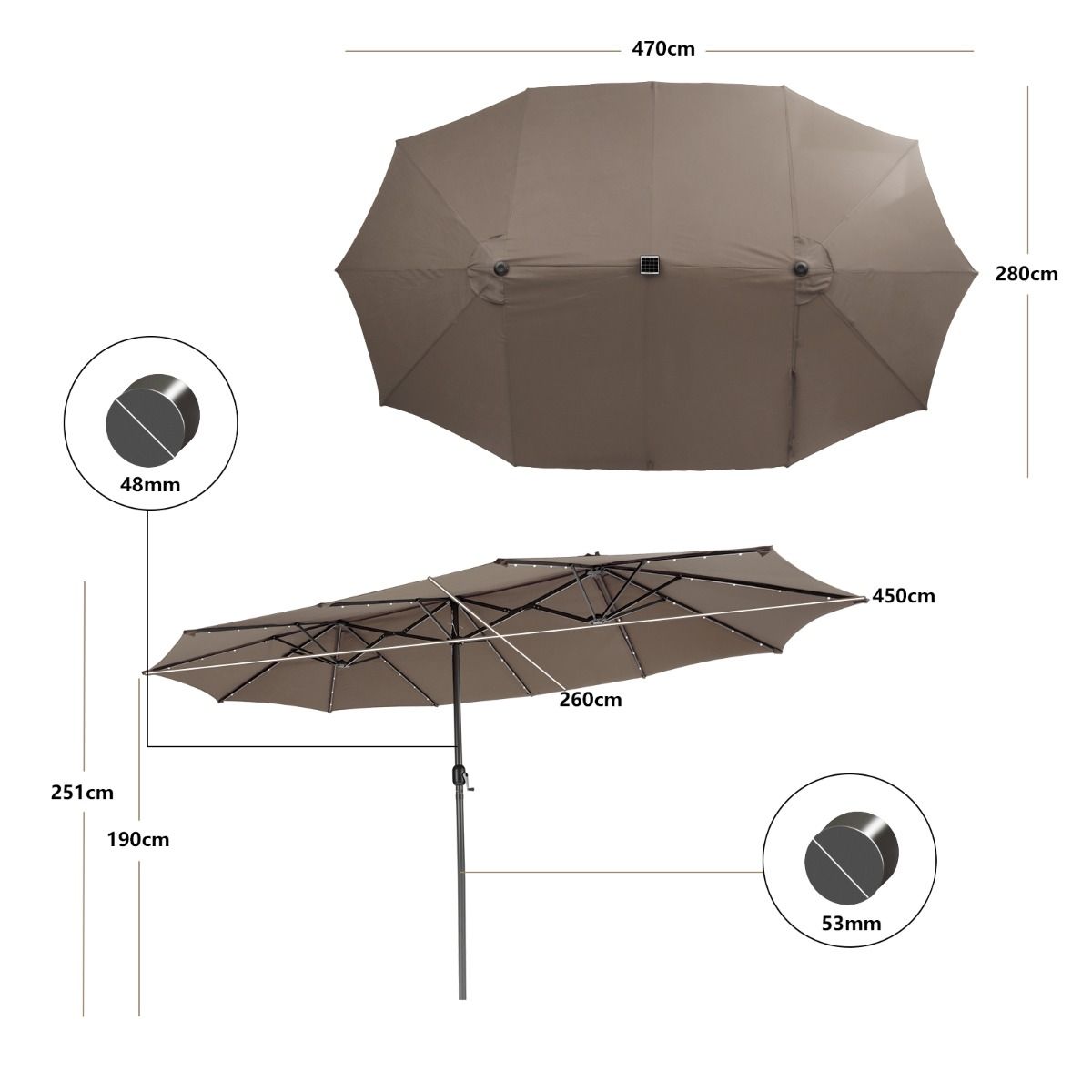 Parasol de terrasse double face Coast 470 x 280 cm - 48 LED avec panneau solaire - Système à manivelle - Marron