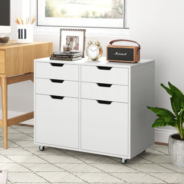 Armoire d'archivage à roulettes Coast – 4 tiroirs et 2 portes – 73 x 40 x 64,5 cm – Blanc