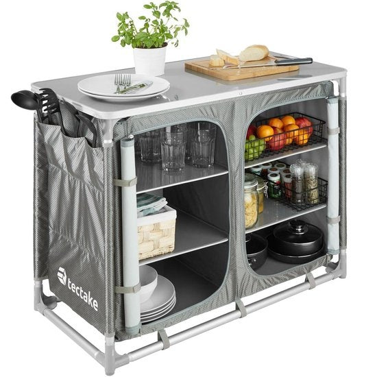 tectake® - Armoire de camping 97x47,5x78cm - Pliable - Compartiments verrouillables - Plans de travail robustes - Poches latérales pratiques - gris