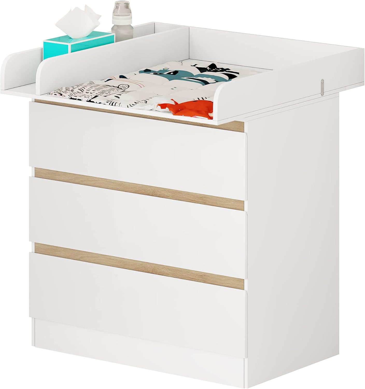 Woltu Table à langer avec support à langer - 80x48x78 cm - Blanc et Chêne - 3 Tiroirs - Hauteur de travail ergonomique de 86 cm
