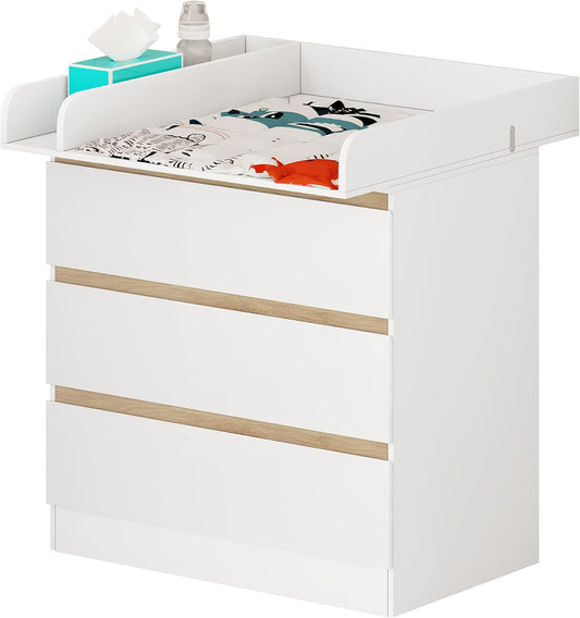 Woltu Table à langer avec support à langer - 80x48x78 cm - Blanc et Chêne - 3 Tiroirs - Hauteur de travail ergonomique de 86 cm