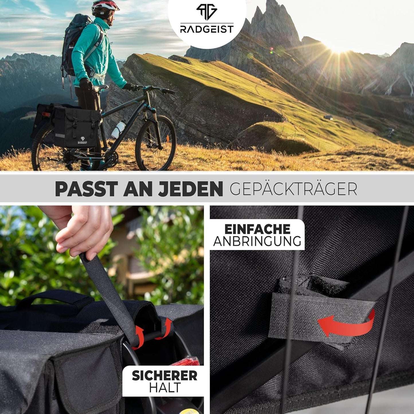 RADGEIST double sacoche vélo I Double sacoche vélo pour porte-bagages 30L I Fixation facile, double sacoche vélo noire