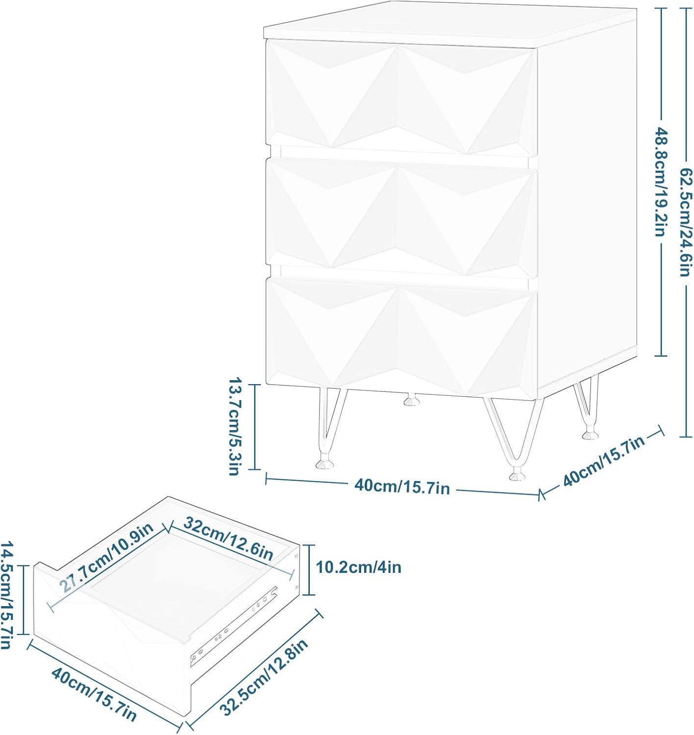 Eugad Table de chevet avec 3 tiroirs - 40x40x62,5 cm - Blanc avec or - Design 3D moderne