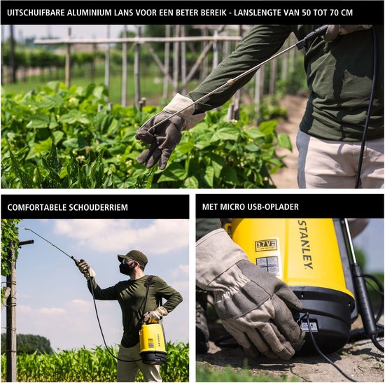 Stanley Pressure Sprayer 5 L, pulvérisateur à pression, pulvérisateur de jardin, électrique, batterie rechargeable lithium, lance télescopique, buse réglable, autonomie 2.5 h, max 2 bar, 0.33 L/minute, jaune/noir