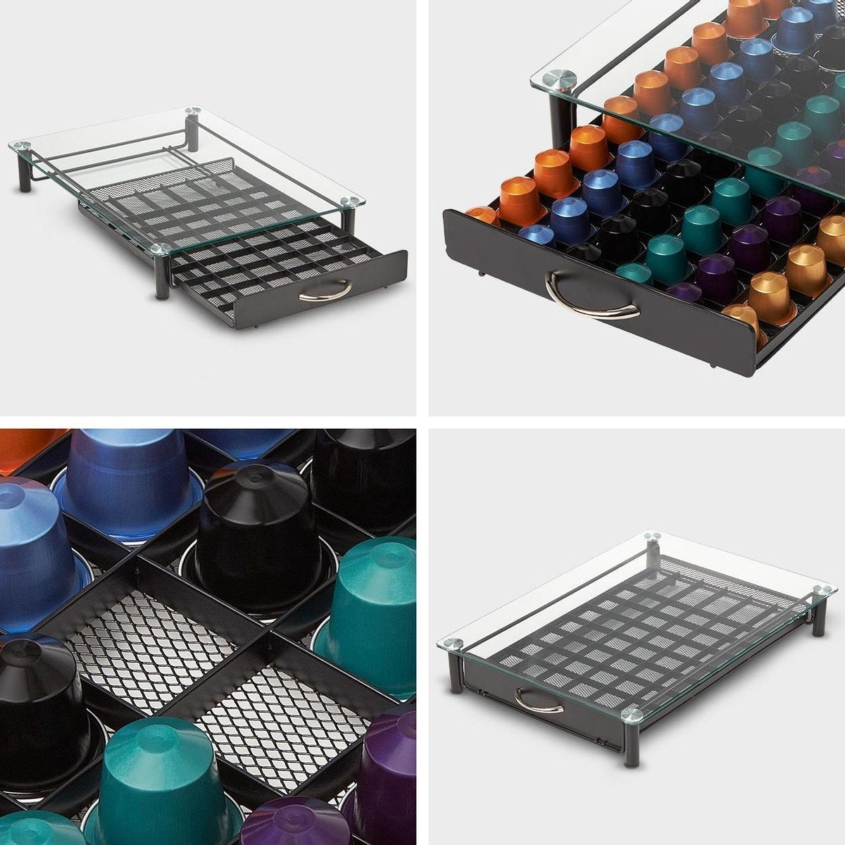 KitchenBrothers Porte-capsules - avec tiroir - Nespresso - 60 tasses - Verre - inox/noir