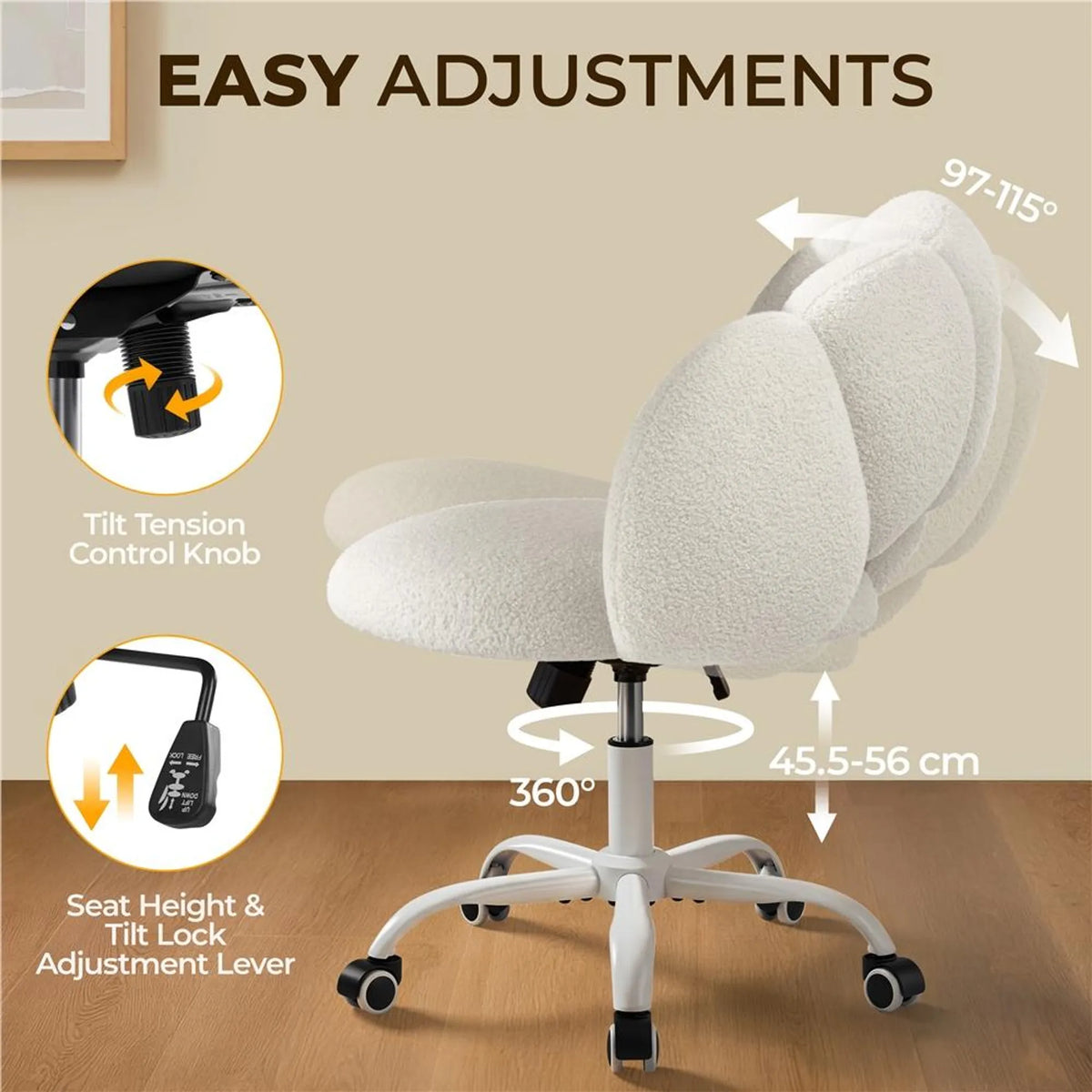 Fauteuil de bureau Yaheetech en forme de nuage – Ergonomique, bouclé, 60 × 70 × 72–82 cm – Blanc