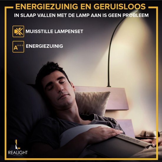 Lampe de lecture LED Realight pour lit, lot de 2 - 58 cm - Noir - Lampe de chevet à intensité réglable avec commande tactile et cordon de 2,5 mètres