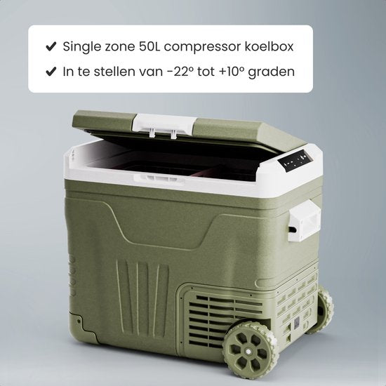 Auronic Electric Cool Box - Compresseur - 50L - 12V et 240 volts - Réfrigérateur de camping - Frigobox Car - Avec roues et poignée - Vert