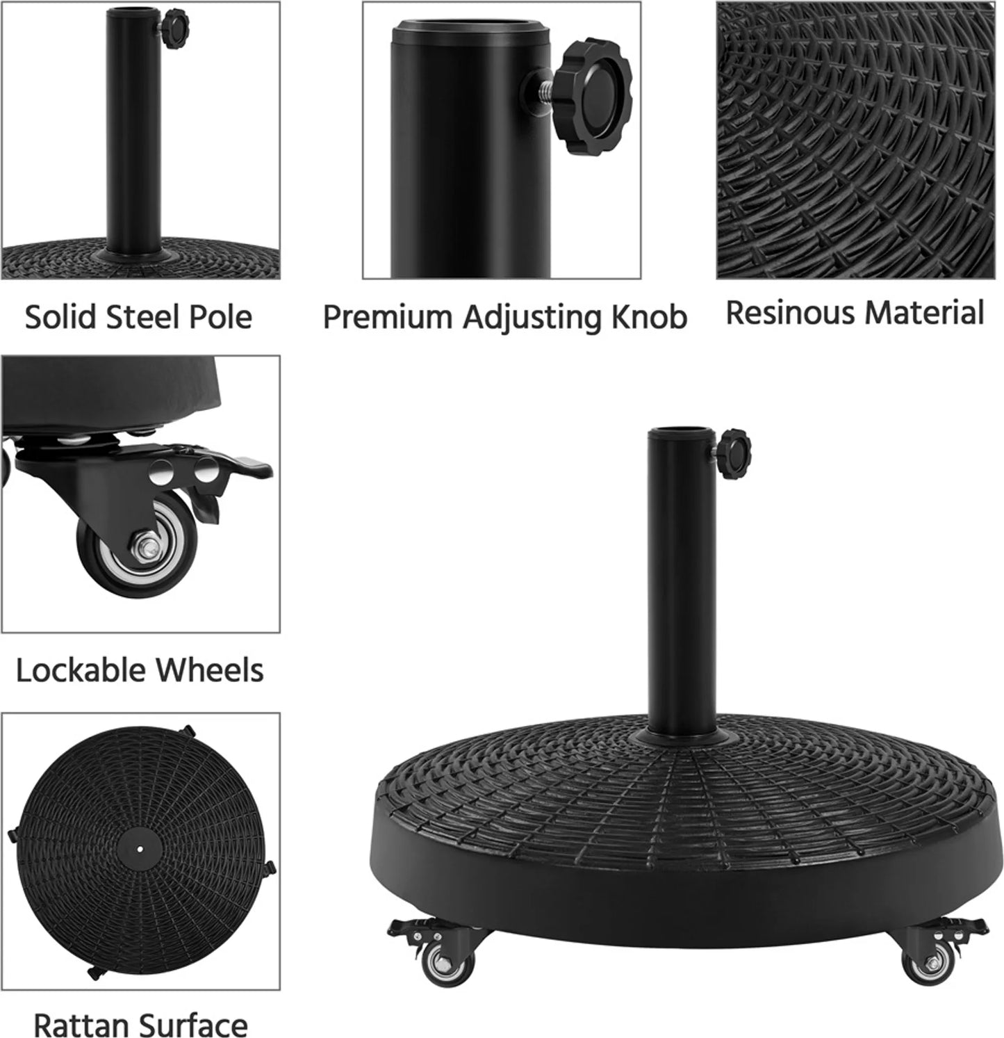 Yaheetech Base de parasol sur roues 24 kg - Avec 4 roulettes avec frein et deux adaptateurs pour Ø 38 mm et Ø 48 mm - Pour terrasse et jardin - Résine noire et métal - 52 x 52 x 42 cm