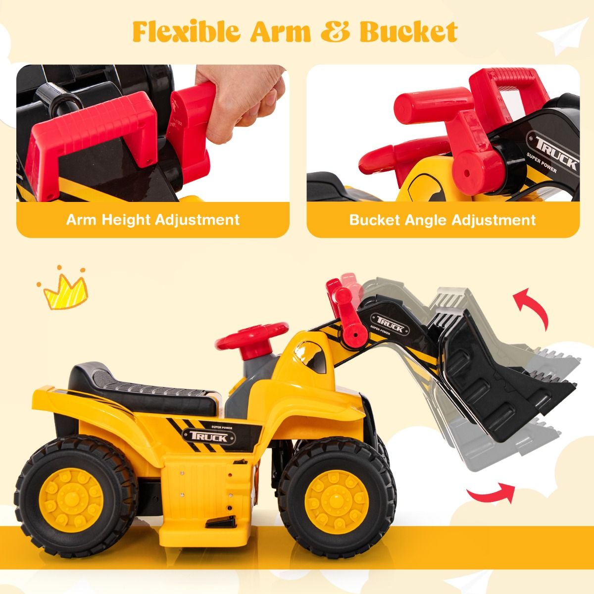 Coast Toy Excavator Électrique - Max. 25 kg - 84 x 35 x 43 cm - Jaune