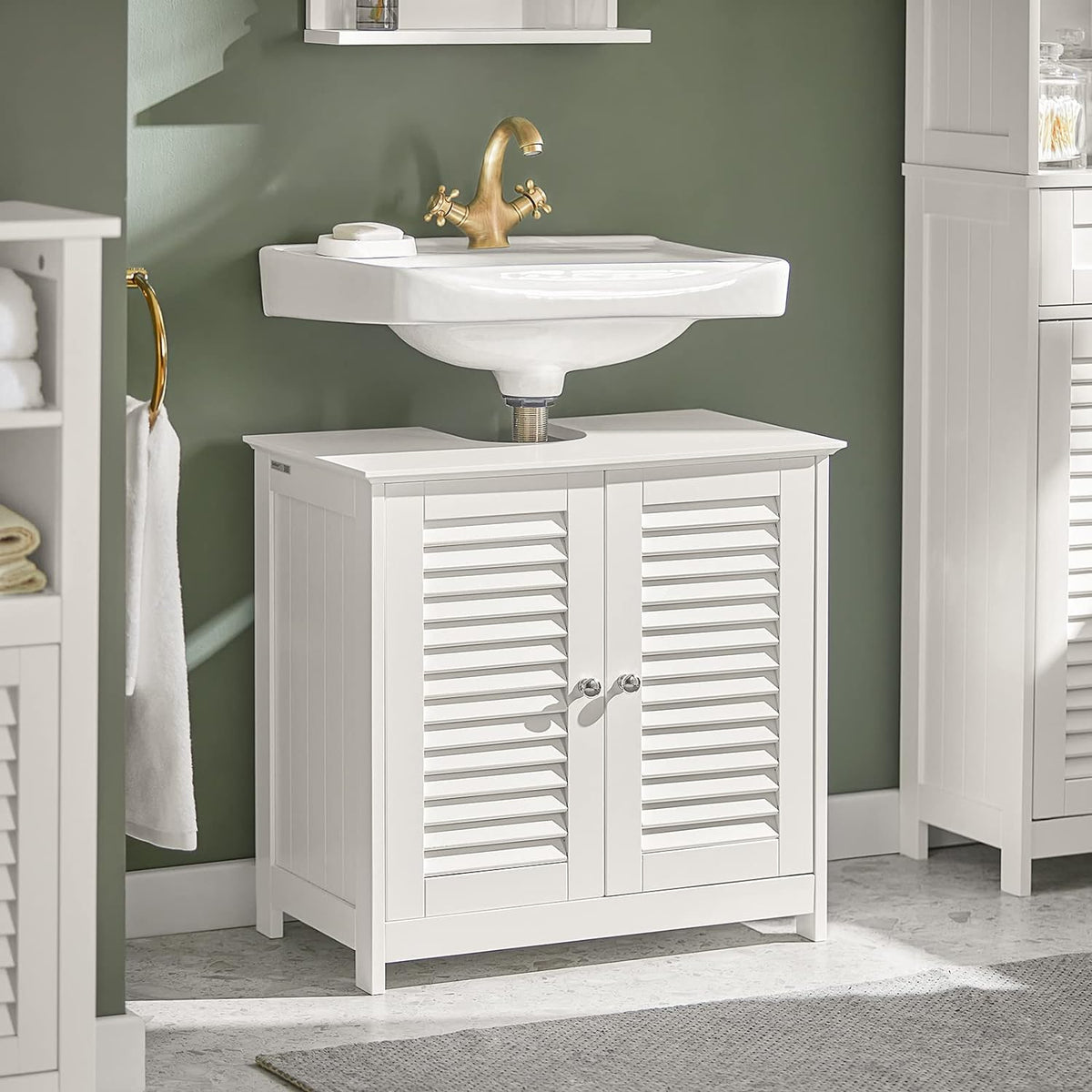 SoBuy Meuble lavabo - 2 portes et 2 étages - Blanc - 60x35x58cm