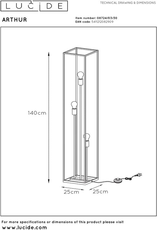 Lucide ARTHUR - Lampadaire - 3xE27 - Noir