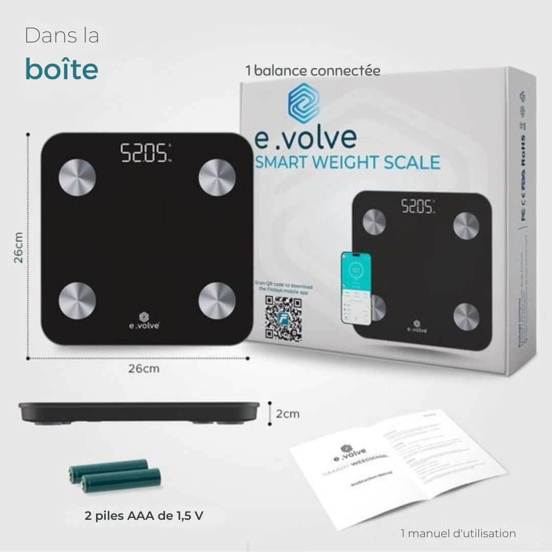 Blance numérique e.volve Scale - 20x - intelligente avec analyse corporelle - précision - Application incluse - Noire
