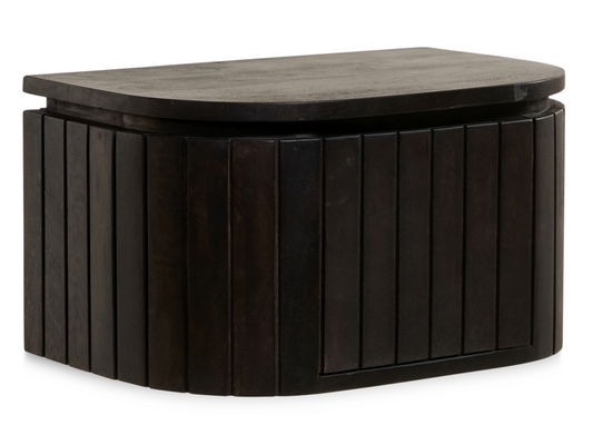 Table de chevet suspendue Multifurn Mokka – 45 x 30 x 25 cm – Bois de manguier brun foncé, motif à lattes et forme arrondie – 1 pièce