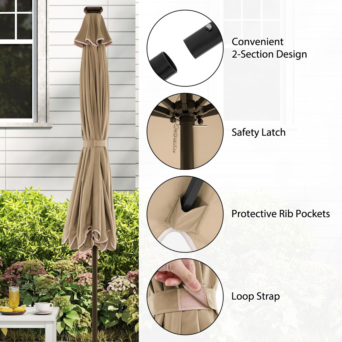 Parasol de jardin Coast avec éclairage LED - commande à cordon - inclinable jusqu'à 35° - marron 300 x 253 cm