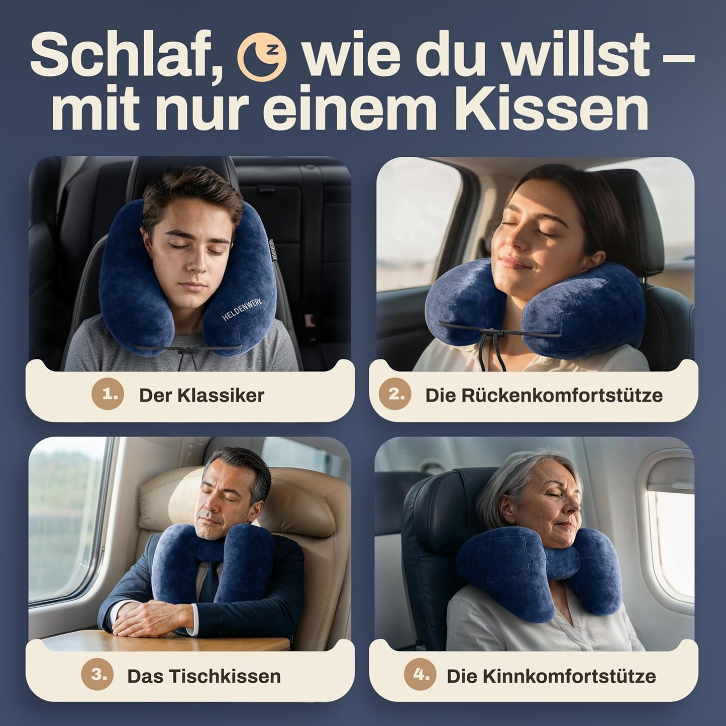 Oreiller gonflable pour la nuque Heldenwerk Premium Air - Bleu foncé - Avec capuche et bouchons d'oreille