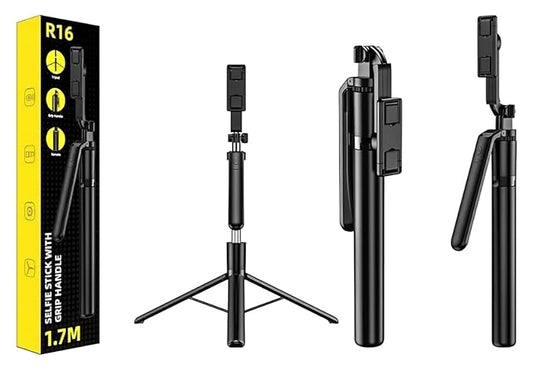 R16 Bâton de selfie extensible avec trépied - 157 cm - Télécommande Bluetooth - Rotation à 360° - Poignée d'équilibre - Pour Smartphone et GoPro
