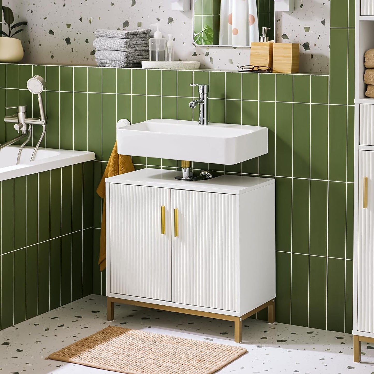 SoBuy Salle de bain Meuble bas 60x30x59 cm - Blanc - Meuble sous-vasque avec 2 portes et 2 étagères - Modèle BZR179-W