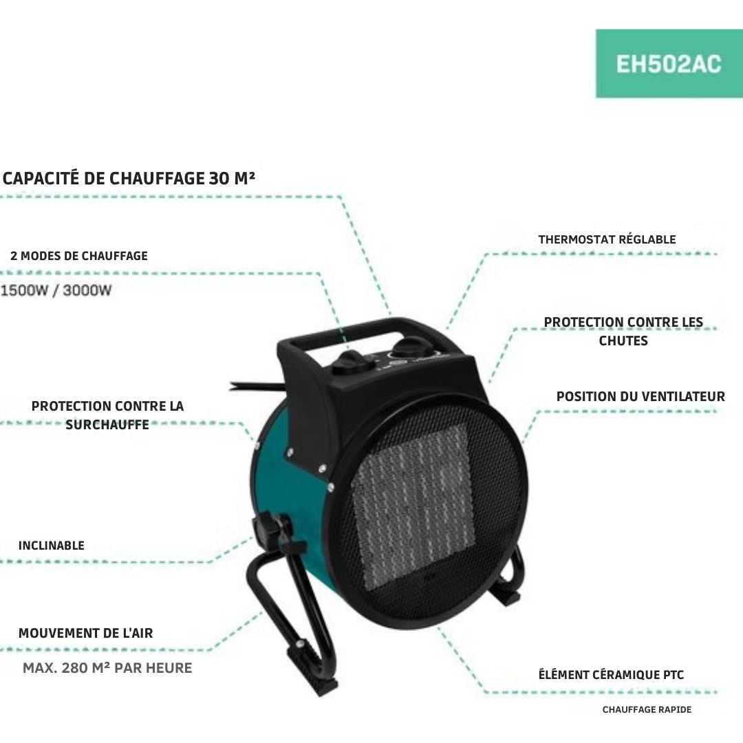 Chauffage électrique VONROC - 3000W - 3 réglages - élément en céramique - pour les pièces jusqu'à 30 m2 - vert/noir