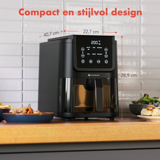 KitchenBrothers Airfryer XL - 5L - 1500W - Friteuse à air chaud - 60ºC à 200ºC - Petit design - Extra silencieux - 6 Programmes de cuisson - Noir