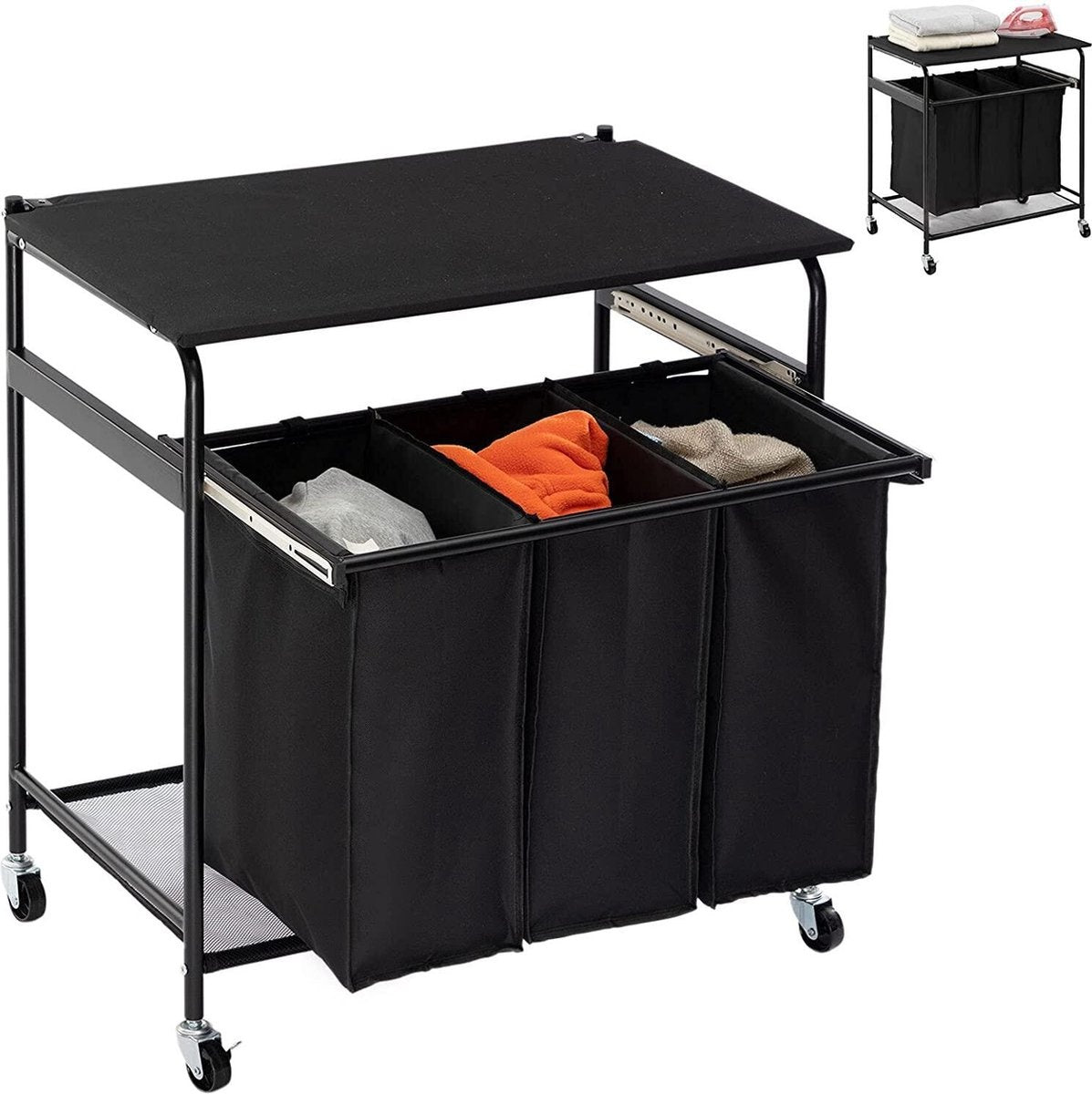 Niceey Panier à linge sur roulettes - 3 compartiments extensibles - Noir