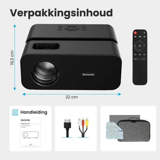 Auronic Beamer 10 000 Lumens - WiFi - 1080P Full HD - Streaming depuis votre téléphone - Smart Mini Beamer - IOS & Android - Câble HDMI - Télécommande et écran de projection - Noir
