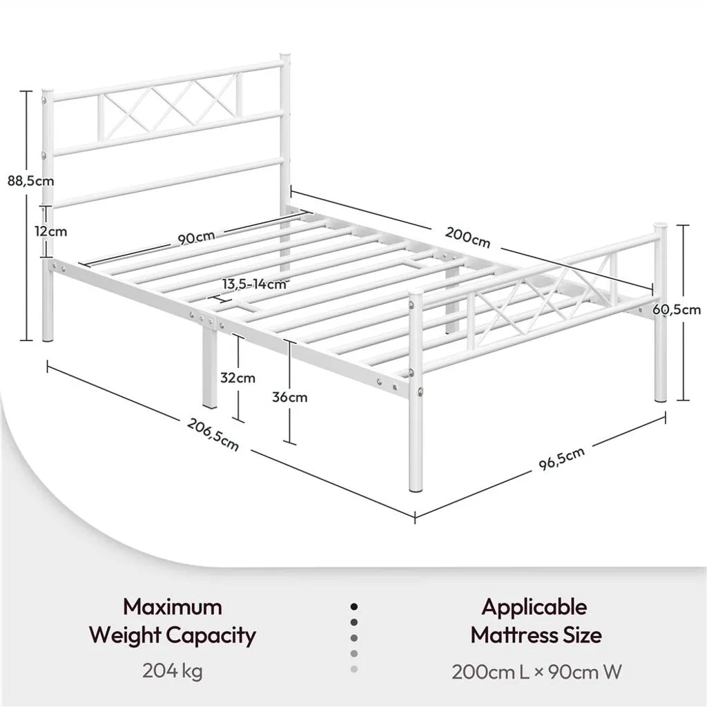 Yaheetech Cadre de lit 90 × 200 cm - Métal blanc - Lit simple avec tête de lit X-Design, sommier à lattes et espace de rangement de 32 cm
