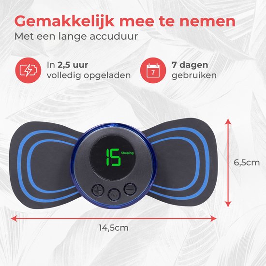 Nuvance - Appareil de massage EMS avec commande - Livret et 6 tapis de massage réutilisables inclus - Stimule la circulation - Convient pour le dos, les bras et les jambes - Sans fil - 8 niveaux et 19 intensités - Noir/Bleu