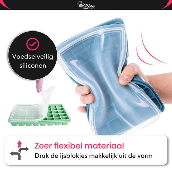 KitchenLove Moule à glaçons en silicone avec couvercle (2 pièces) - 80 glaçons - Carré - Sans BPA - 100% Silicone - Vert & Bleu