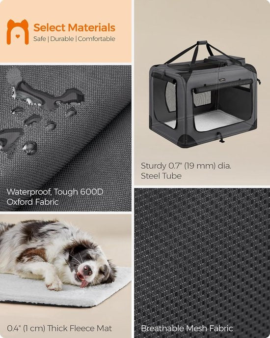 Feandrea – Sac de voyage pliable pour animaux de compagnie PDC90G01 – Grande cage de voyage souple pour chiens et chats, 91 × 63 × 63 cm – Gris – Respirante, avec des fenêtres en filet et des compartiments de rangement