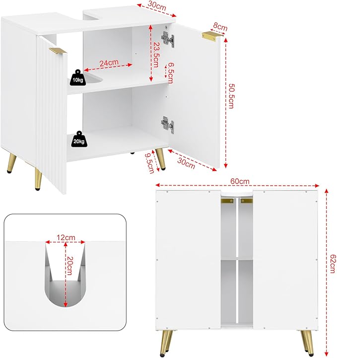 eSituro SBP0095 Meuble bas pour lavabo - meubles de salle de bains - blanc avec pieds en métal doré - 60 x 62 x 30 cm
