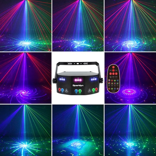 Laser disco professionnel Sparklyn avec 15 projecteurs - 120 combinaisons lumineuses - Télécommande - Contrôlable via DMX - Lampe disco - Noir