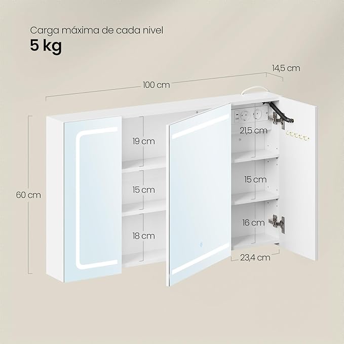 EUGAD armoire de toilette salle de bain - 1 porte miroir - éclairage led 3 températures de couleur avec prises - blanc 100 x 60 x 14,5 cm