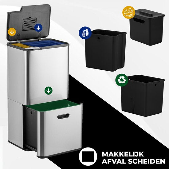 Bayt Poubelle 60 litres - Poubelle 60 litres - Séparation des déchets - 2 compartiments - Acier inoxydable - Argent