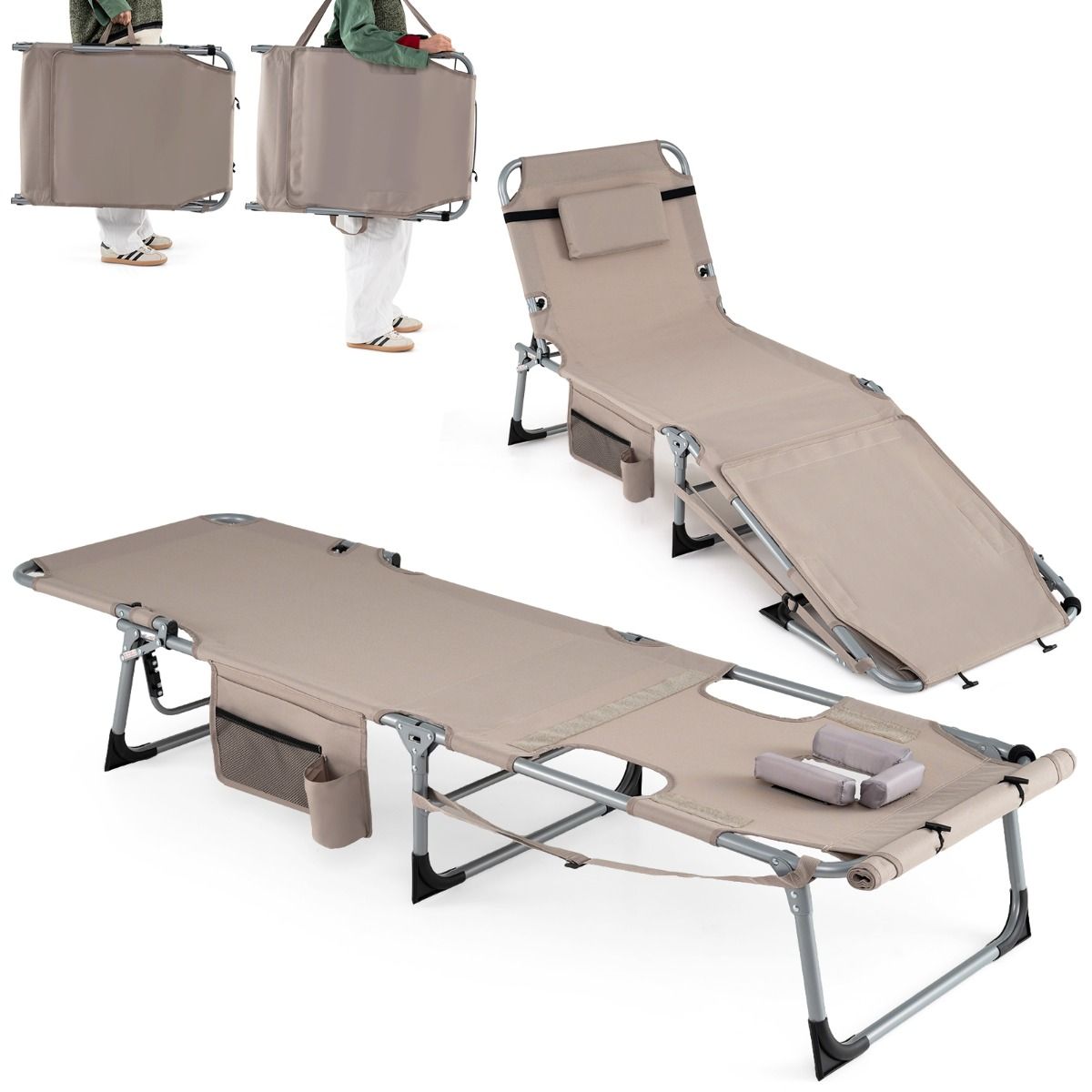 Chaise longue pliable Coast - dossier et repose-pieds réglables - avec ouverture au niveau du visage et poches latérales - beige