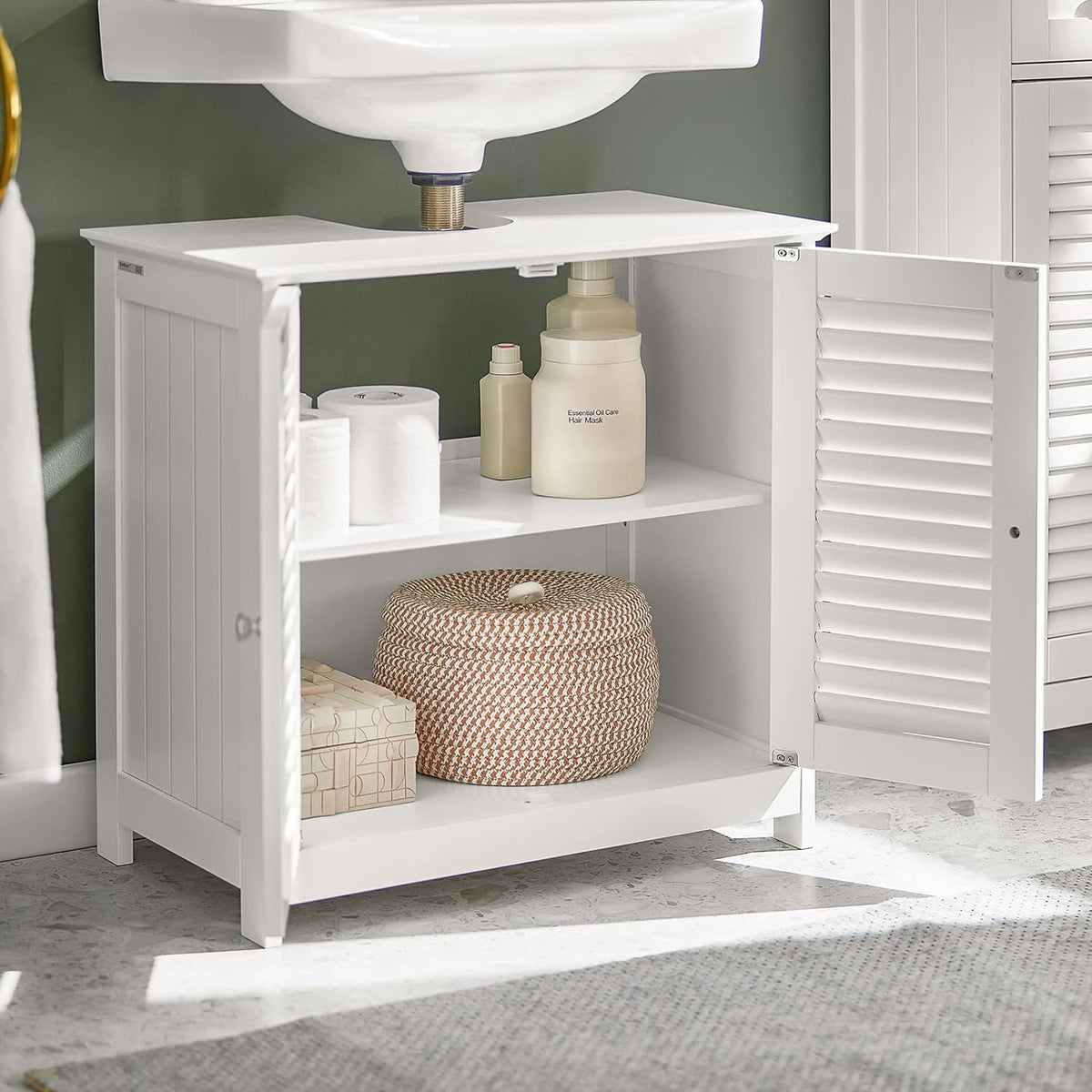 SoBuy Meuble lavabo - 2 portes et 2 étages - Blanc - 60x35x58cm