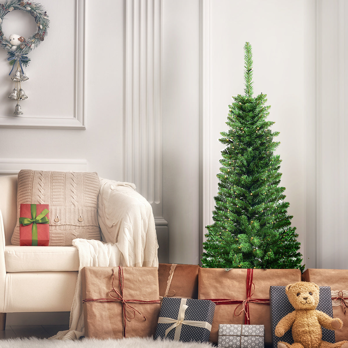 Coast Artificial Christmas Tree Narrow - WITH Warm White LED Lights - Green - 135cm