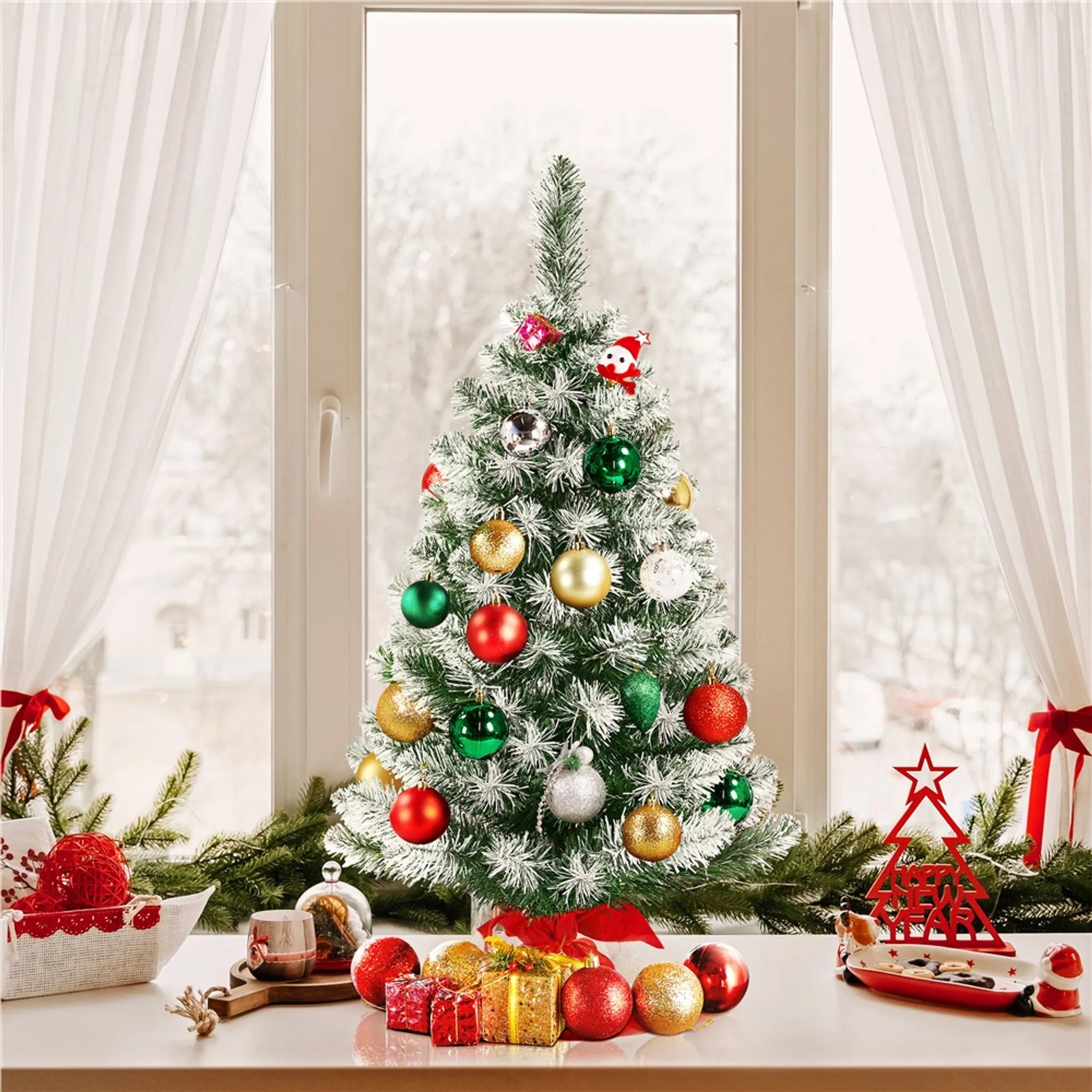 Yaheetech Sapin de Noël de table avec lumières - 48 x 48 x 90 cm - équipé de 50 lumières LED et de 60 baies rouges et d'une base en béton avec tissu rouge - pour le buffet et le bureau - PVC vert et béton