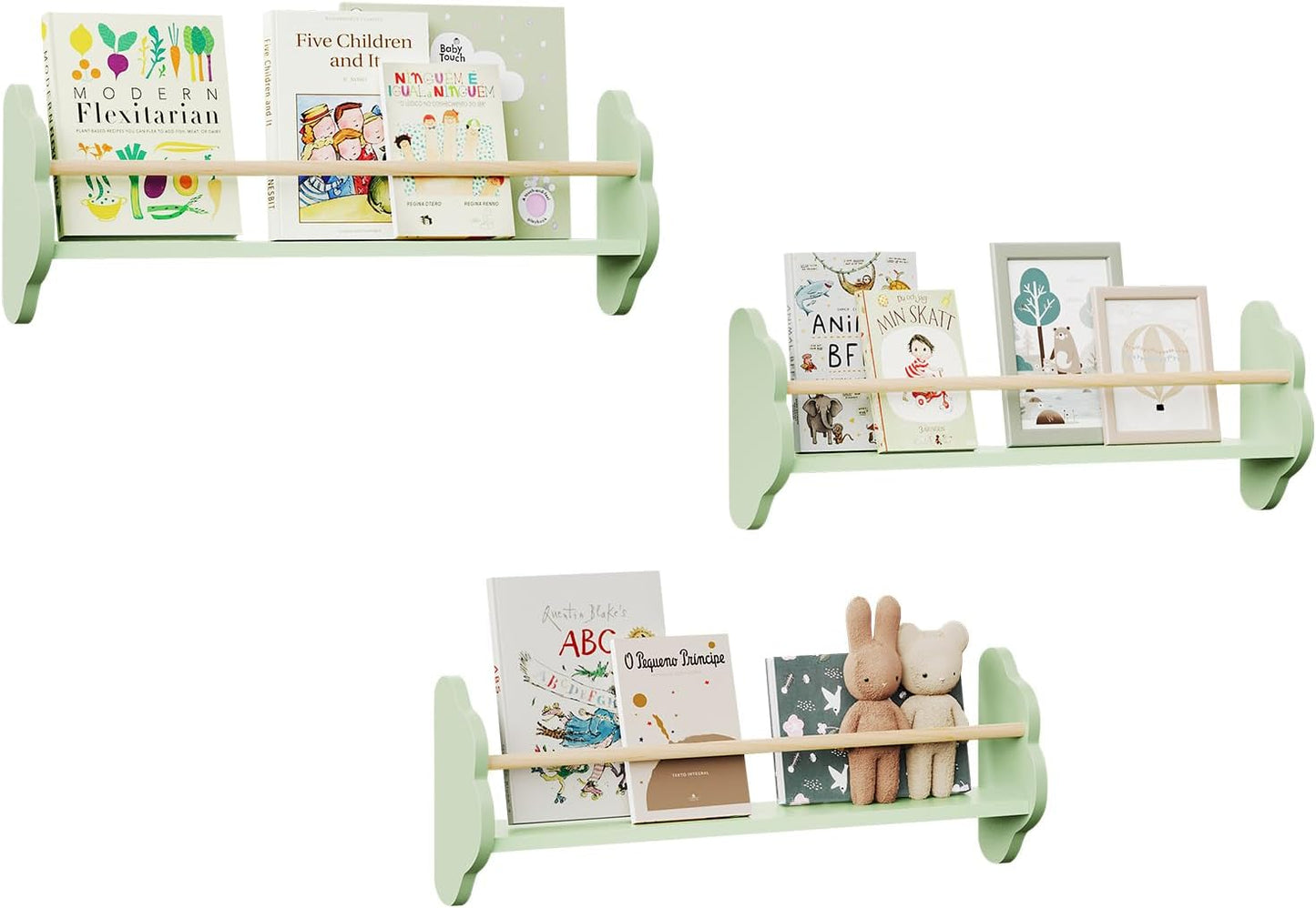 Woltu Bibliothèque murale pour enfants 3 pièces - Forme de nuage - 65 x 23 x 12,7 cm - Pin & MDF - Set d'étagères murales modernes