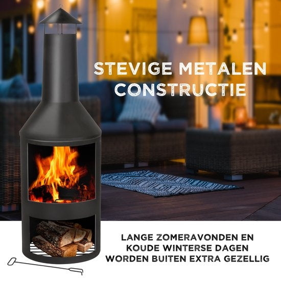 BBQ Collection Poêle d'extérieur avec cheminée - Poêle de jardin 134 x 44,5 x 44,5 cm - Poêle de terrasse pour bois de chauffage - Poêle de terrasse avec récupérateur de cendres, tisonnier et rangement pour le bois - Jardin et terrasse - Acier au carbone