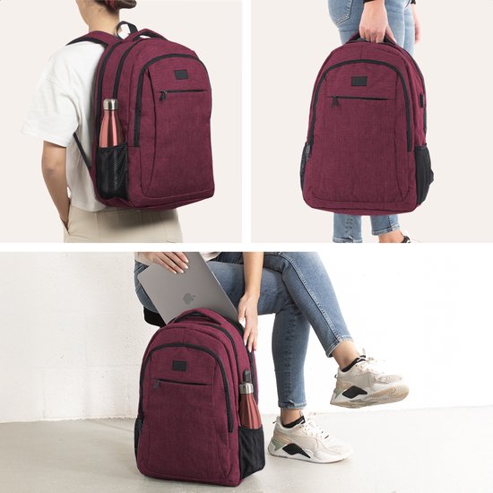 TRVLMORE Backpack - Sac à dos avec compartiment pour ordinateur portable 17,3 pouces - Cartable - Résistant aux éclaboussures - Hommes et Femmes - Garçons et Filles - 36L - Bourgogne