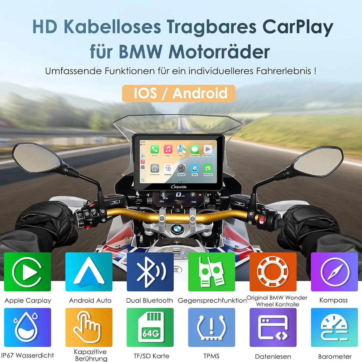 Écran CarPlay pour moto Carpuride W702BS Pro 7 pouces - BMW Wonderwiel - CarPlay et Android Auto sans fil - Étanche - Noir
