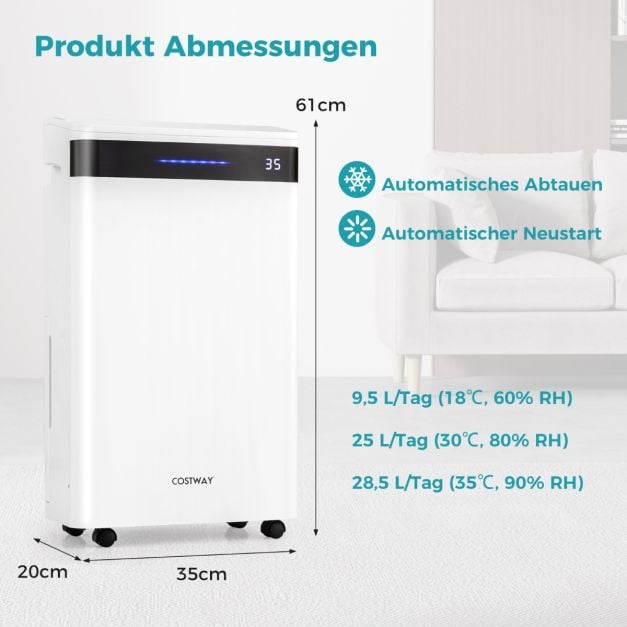 Déshumidificateur Coast – 28,5 L par jour – Jusqu'à 35 m² – 35 x 20 x 61 cm – Blanc