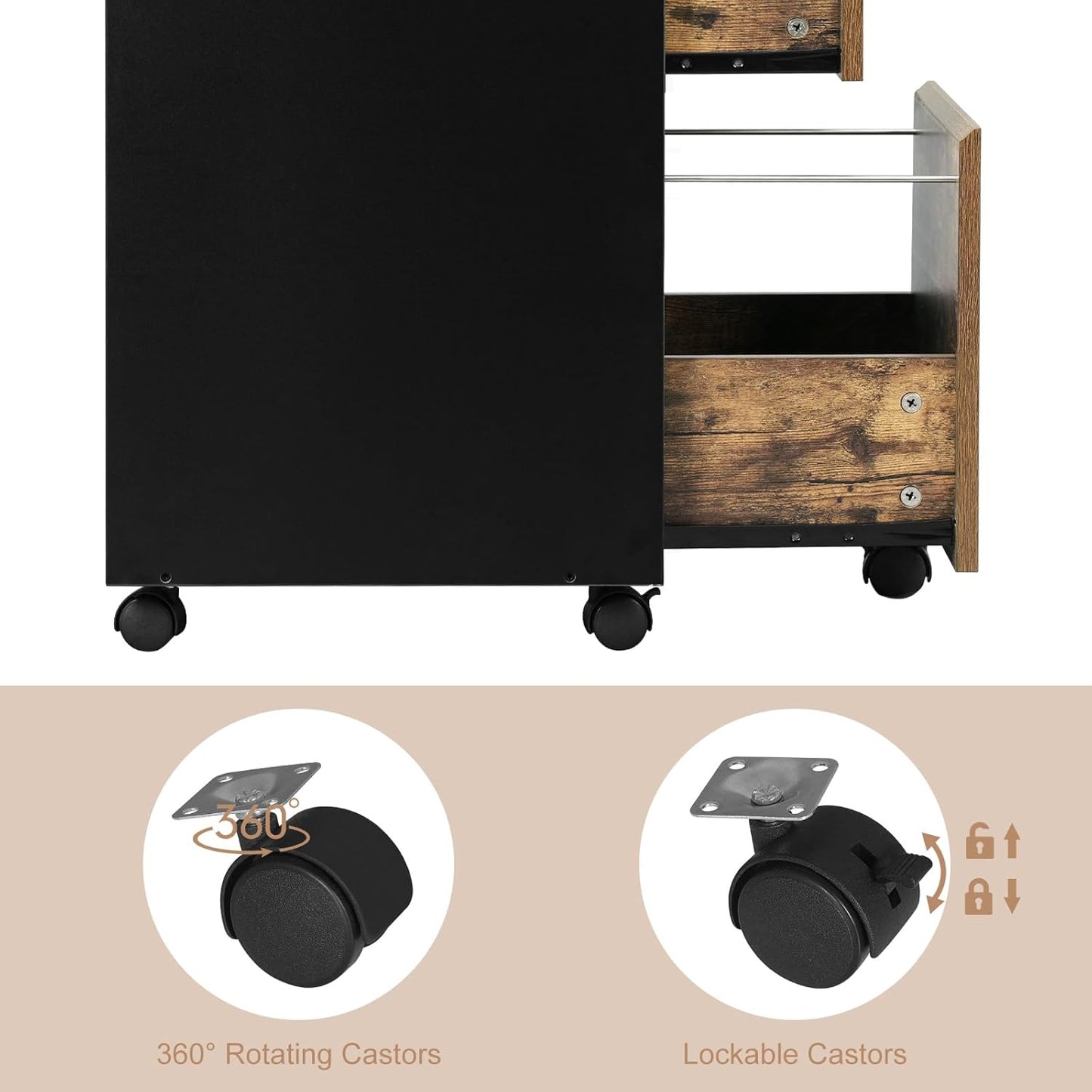 Woltu Mobile Filing Cabinet - Conteneur à roulettes avec 3 tiroirs et roulettes - Industrial Dark Oak/Black - 40 x 40 x 70 cm